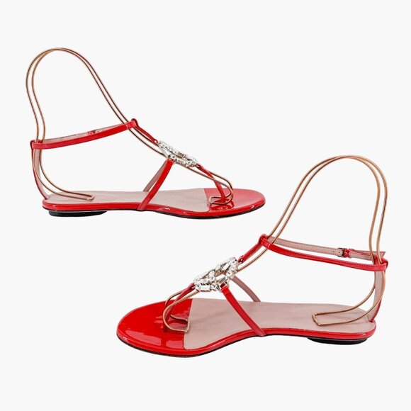 Gucci Crystal GG Interlock T-Strap Sandals EU 37 US 7 Red Patent Flat Logo Thong - Picture 10 of 13